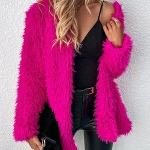 hot Pink Faux fur teddy open front coat jacket trendy contemporary barbie-core